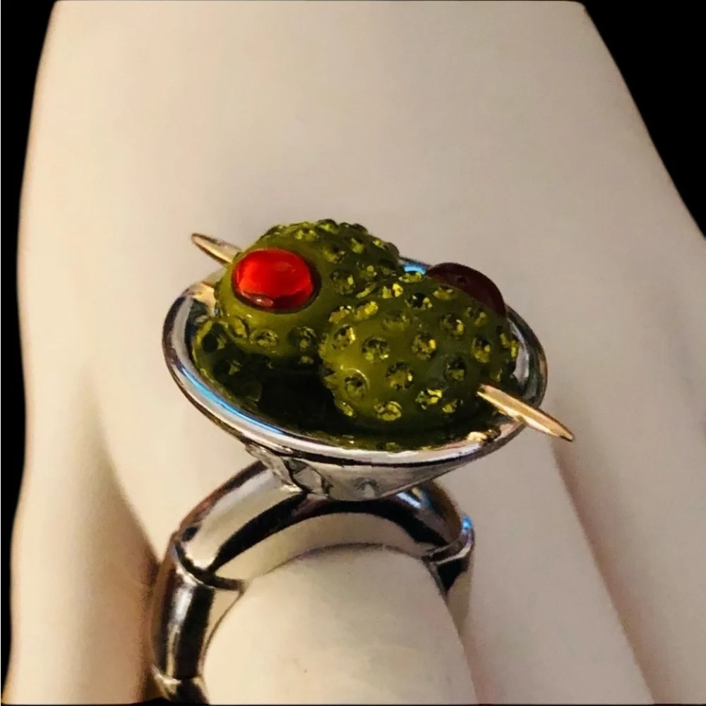 BETSEY JOHNSON Holiday Santa Baby Martini Cocktail Olives Stretch Ring NEW NWT